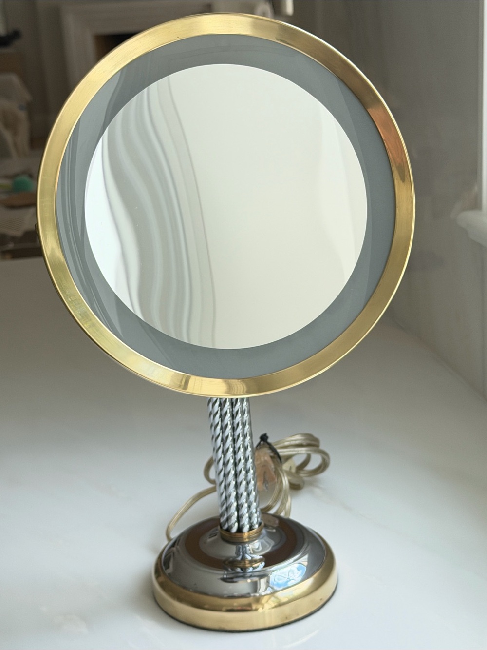 Vintage 1980’s Brass and Chrome Lighted Makeup Mirror - Gold and Silver